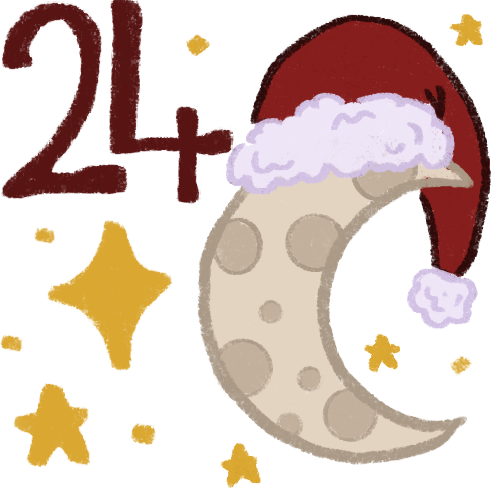  an image with drawings in it. In the top left corner there is a red number 24. On the right side there is a crescent moon wearing a santa hat. There are gold stars scattered around.